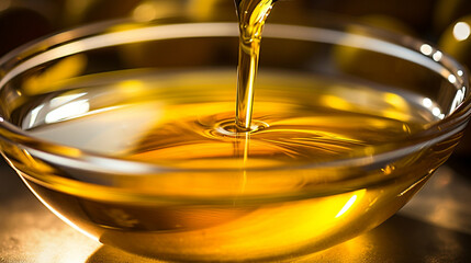 olive oil pouring in glass bowl closed up