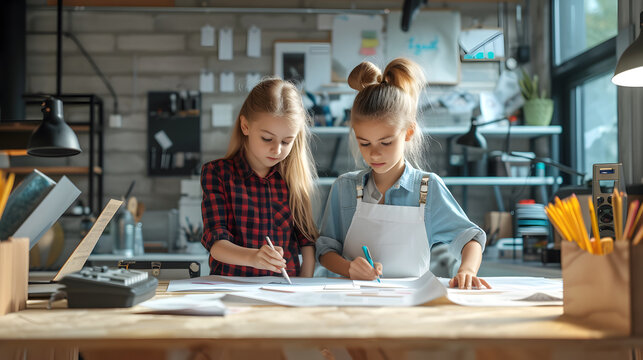 Two Caucasian little girls doing paperwork and playing as designers