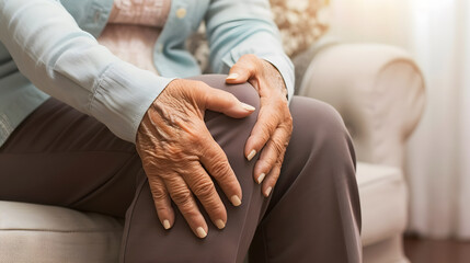 Knee joint pain in elder woman. Concept of osteoarthritis, rheumatoid arthritis or ligament injury