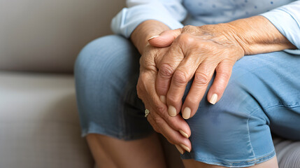 Knee joint pain in elder woman. Concept of osteoarthritis, rheumatoid arthritis or ligament injury