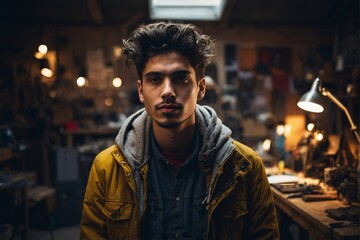Fototapeta premium Portrait of a young carpenter sitting in his workshop. Carpentry concept, craft work.