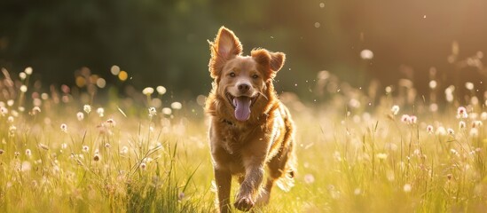 Red-haired dog having fun in the sunny meadow.