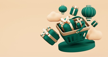 Green Chinese New Year Sale Offer  , Festive gift card templates with realistic 3D design elements, holiday banners, web posters, flyers, and brochures, greeting cards . 3D Rendering