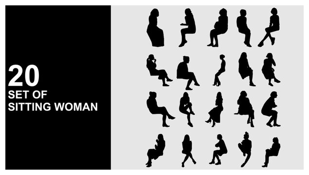 silhouette of sitting people woman, women Vector silhouettes of women, a group of sitting on a bench business people, profile, black color isolated on grey background