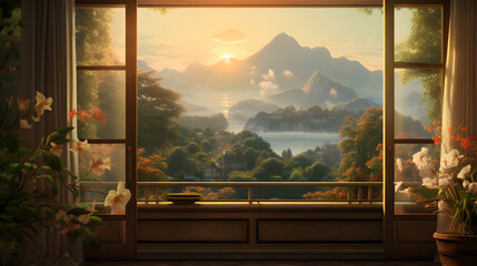 Living room with a large window autumn mountains Japanesestyle painting
