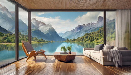 Fototapeta premium modern, living room ,windows, with, wooden floors ,overlooking ,the m,ountains with flowing lakes,