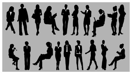 set of vector Business people silhouettes group of standing and walking business people, working woman, suit, office woman