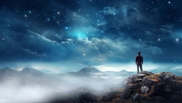 night sky long exposure landscape. silhouette of a standing man on top of a cliff  at night landscape mountain and milky  seamless looping overlay 4k virtual video animation background 
