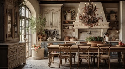 Fototapeta na wymiar Rustic Elegance: French Country Kitchen with Timeless Antique Accents