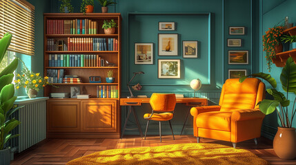 A cozy study room with a simple desk, colorful books, and a comfortable chair