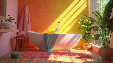 Fototapeta na wymiar A simple bathroom with colorful towels and a cozy bathtub
