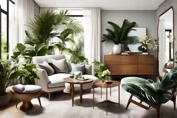 A stunning image displaying a contemporary living room with a stylish wooden dresser, a designer armchair, tropical greenery, and chic accents