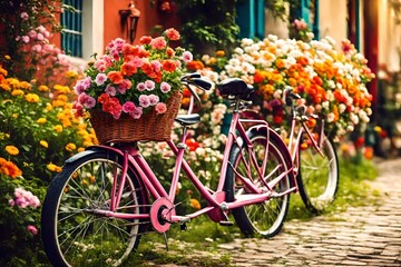 Fototapeta na wymiar background with decorated Bicycle with flowers Parked in Colorful Garden with Blooming Flowers