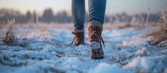 Woman's feet walking through snowy field, close-up.