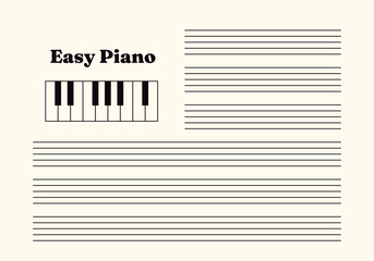 Musical notes blank sheet with piano keyboard design. Black lines on white background. Editable stroke vector.	
