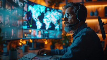 Businessman in modern home office engaging in a global virtual brainstorming session, wearing a headset, large screen displaying diverse team video feeds, side screen with evolving notes and diagrams - Powered by Adobe