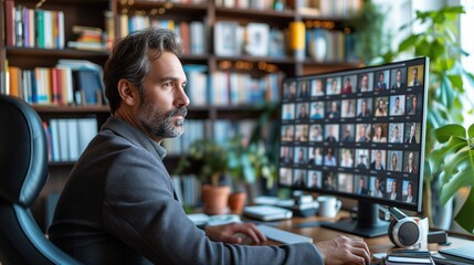 Clean and personal home office setting, businessman in video call with global team, screen shared showing detailed presentation, personal touches like bookshelf and plant in the background