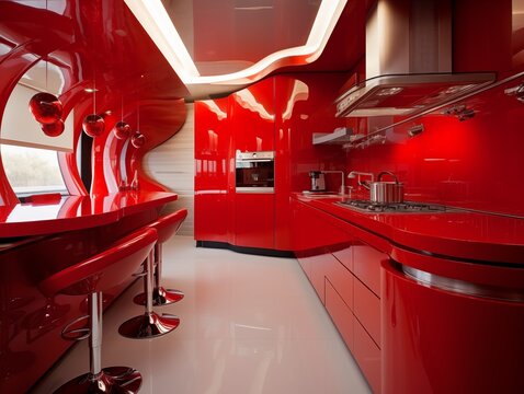 Red Kitchen, Modern House Interior. Generative AI
