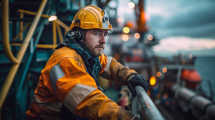 Fototapeta premium An oil rig worker in safety gear overlooks the sea during twilight, signifying industrious perseverance.