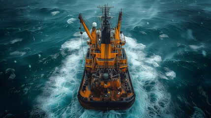An aerial shot captures a drilling ship amidst the dynamic patterns of ocean waves, highlighting offshore drilling operations. - obrazy, fototapety, plakaty