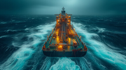 An aerial shot captures a drilling ship amidst the dynamic patterns of ocean waves, highlighting offshore drilling operations.