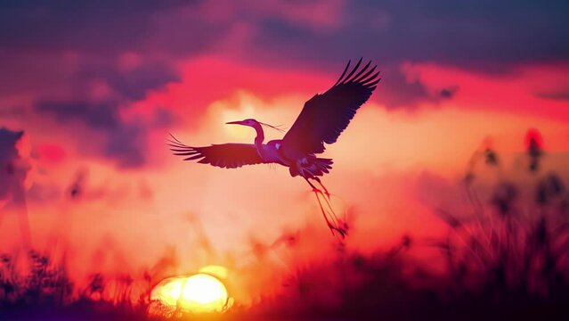 As the sun dips below the horizon a lone Anzu wyliei spreads its wings and takes flight its shadow stretching across the colorful sky.
