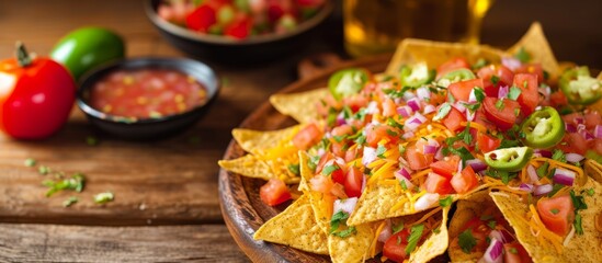 Spiced Mexican nachos served on a wooden table, a classic beer snack.