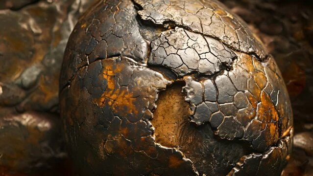 A closeup of a perfectly preserved dinosaur egg captured in a way that highlights the fragility and rarity of such a find.