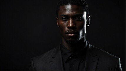 Portrait of mysterious handsome young black african man on black suit and plain black background from Generative AI