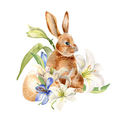 Easter hare, egg and blue, white flowers. Easter illustration with lily, crocus isolated on white background. Watercolor rabbit and delicate flowers hand drawn for design greeting card, decoration