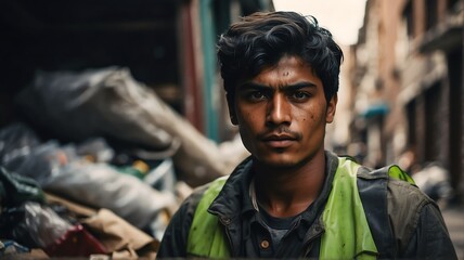 Portrait of young immigrant man working as garbage collector from Generative AI - obrazy, fototapety, plakaty