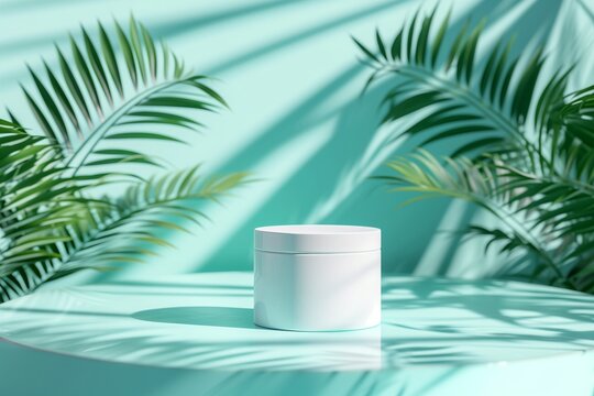 Beauty product photo background: smooth round pale blue podium in hard sunlight with palm tree leaf reflection on mint turquoise background, negative space