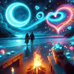 Romantic couple are celebrating valentines day with hugging and holding hands each other. valentines day celebration with magical and colorful swarl of lights. valentines love in front of seaside