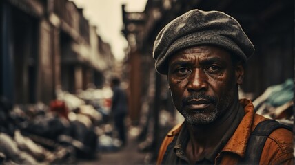 Portrait of middle aged black african man working as garbage collector from Generative AI - obrazy, fototapety, plakaty
