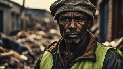 Portrait of middle aged black african man working as garbage collector from Generative AI - obrazy, fototapety, plakaty