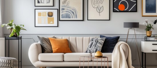 Photo featuring a gallery of posters in a stylish interior with a patterned pillow on a Scandinavian sofa.