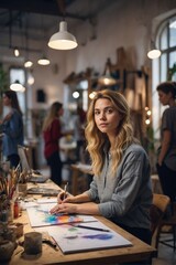 Fototapeta premium Creative young woman with team creating work in art workshop