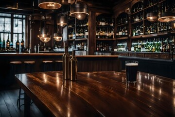 wooden surface looking out to bar scene - obrazy, fototapety, plakaty