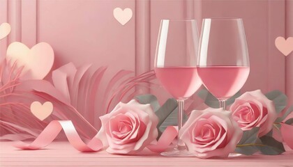 バラとワイングラスのフレーム　背景　恋愛　バレンタイン　ブライダル　記念日　誕生日　AI生成画像 - obrazy, fototapety, plakaty
