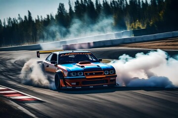 Car drifting, Blurred image diffusion race drift car with lots of smoke from burning tires on speed track