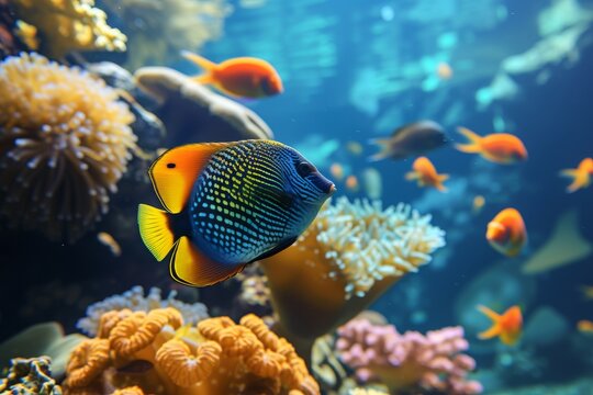 Photo of a coral reef underwater scene with a variety of tropical fish and colorful coral.