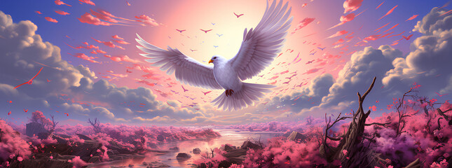 Illustration drawing of a white bird flying in the sky. The overall picture has a beautiful pink tone. It represents freedom that everyone desire, hopes, dreams and the spirit that yearns for freedom. - obrazy, fototapety, plakaty