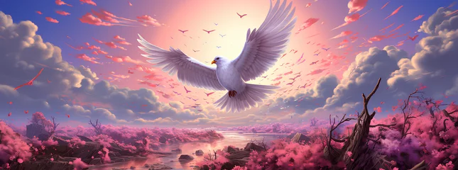 Fotobehang Illustration drawing of a white bird flying in the sky. The overall picture has a beautiful pink tone. It represents freedom that everyone desire, hopes, dreams and the spirit that yearns for freedom. © Chanawat