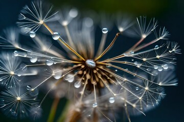 Water droplets on dandelion seeds, macro close-up photography