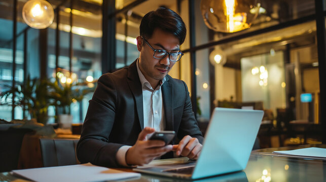 Businessman with laptop and smartphone, elegant office, the concept of multitasking and efficiency