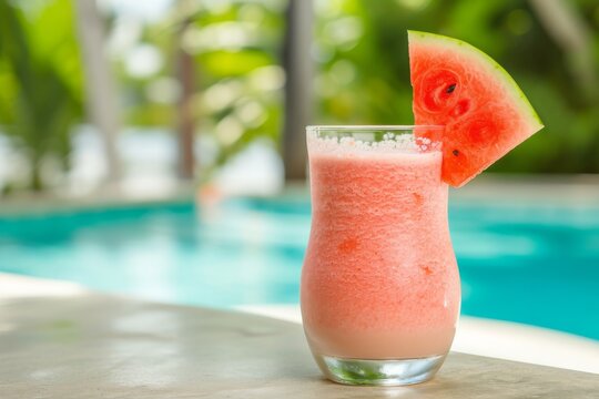 Close-up of the smoothie, blurred background of a swimming pool, bright and reflective lighting enhancing the refreshing feel. 