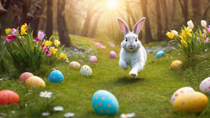 cute bunny running on green grass with spring flowers and colorful Easter eggs