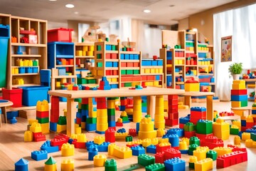 Children's playroom with plastic colorful educational blocks toys
