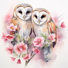 Two Owls Sitting on Branch With Pink Flowers