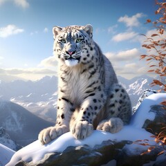Snow Leopard Relaxing on Snowy Hilltop